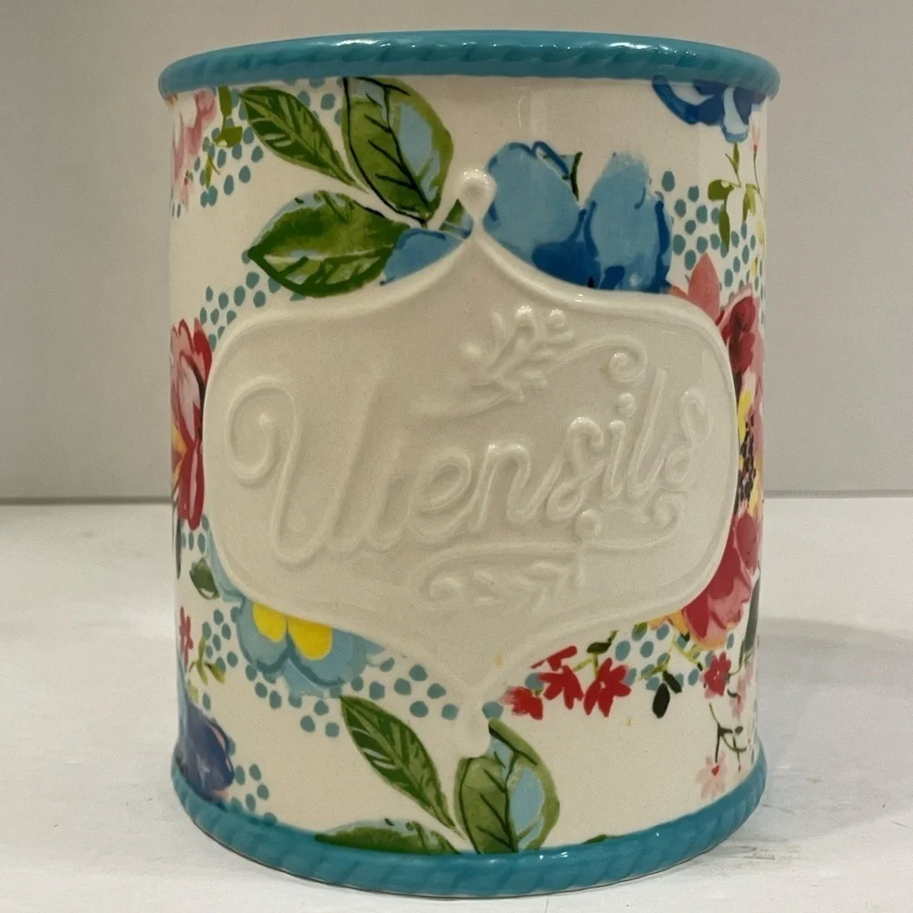 The Pioneer Woman Stoneware Utensil Holder Crock Melody Floral Embossed Utensils